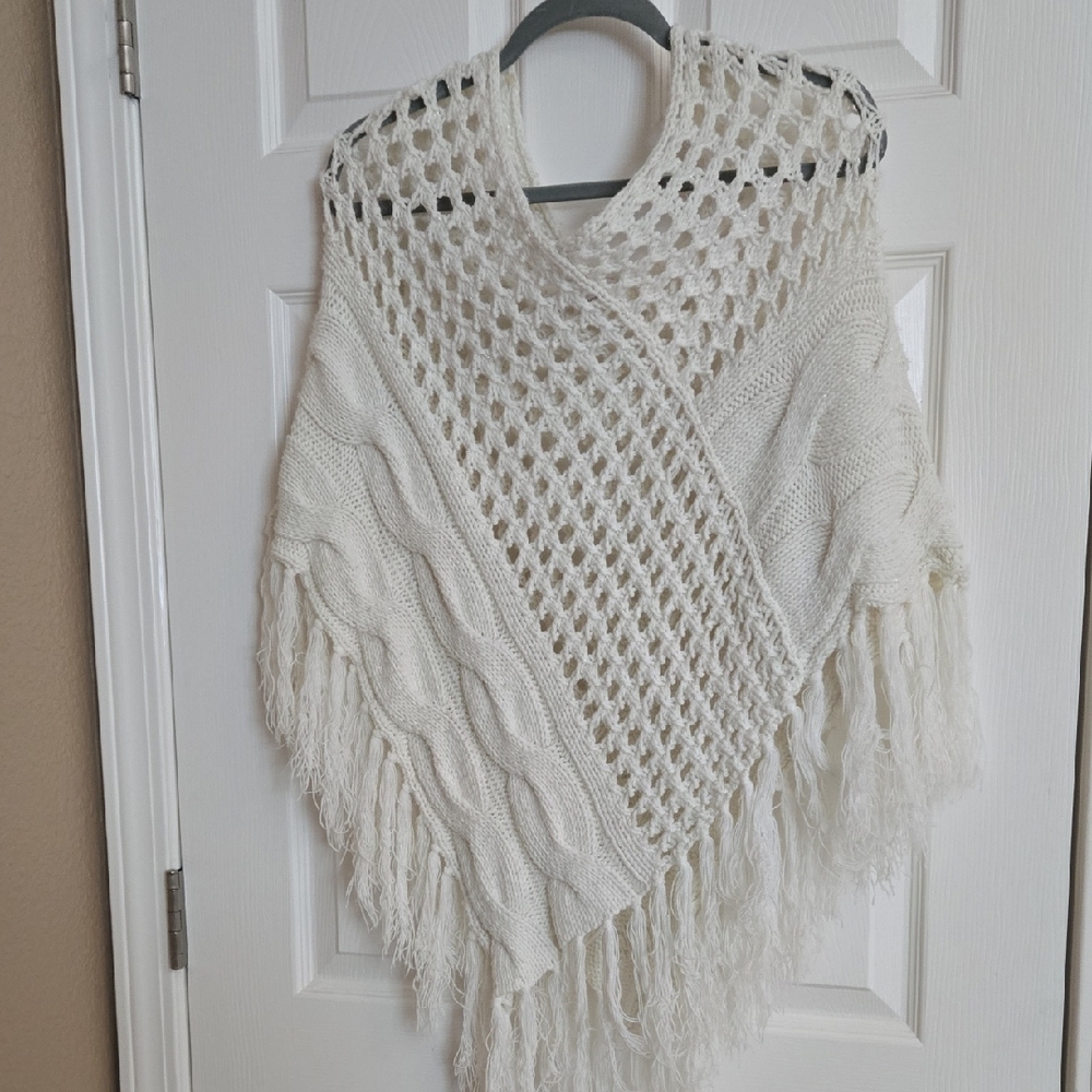 Decree Cream Knit Poncho with Fringe
